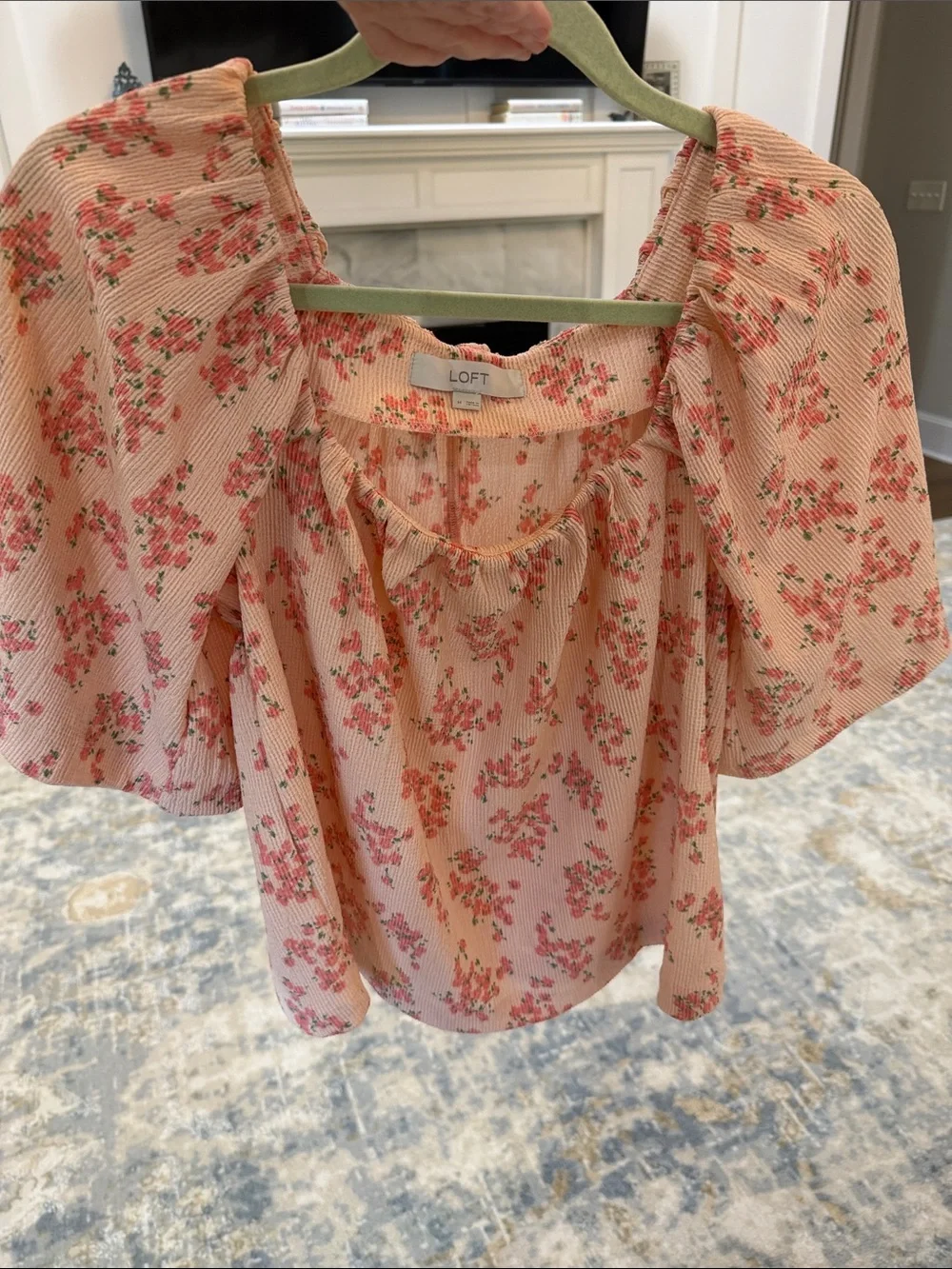 LOFT Blush Pink Floral Square-Neck Peasant Blouse